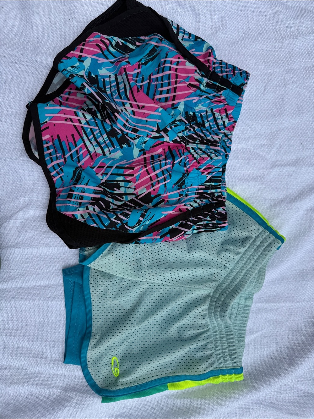 Colorblocked Athletic Shorts Duo - Pink/Teal/Black & Light Gray/Teal